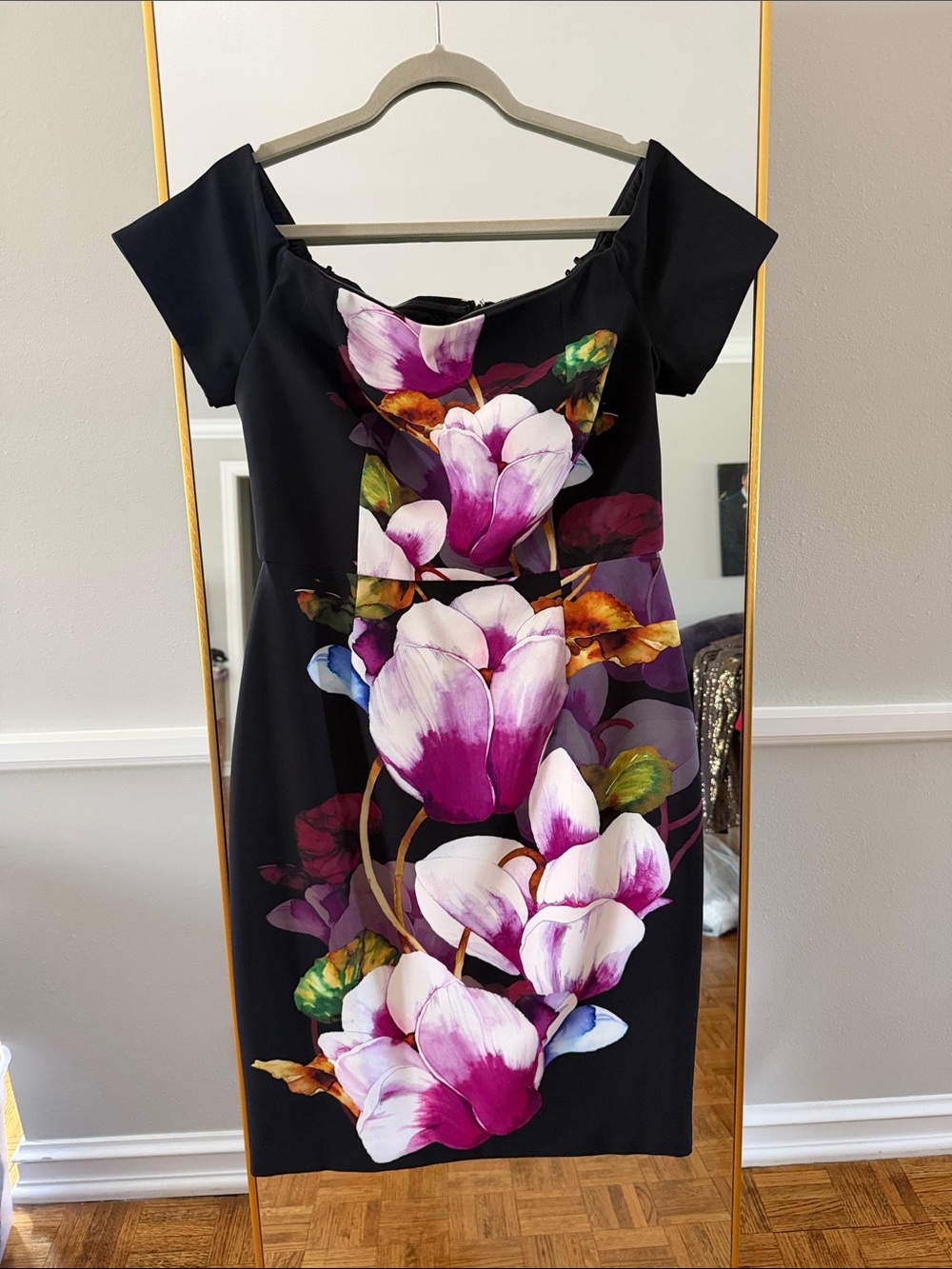 Trina Turk Black Off-Shoulder Floral Sheath Dress